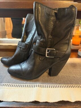 Corso Como Black Leather Mid-Calf Buckle Heeled Boots
